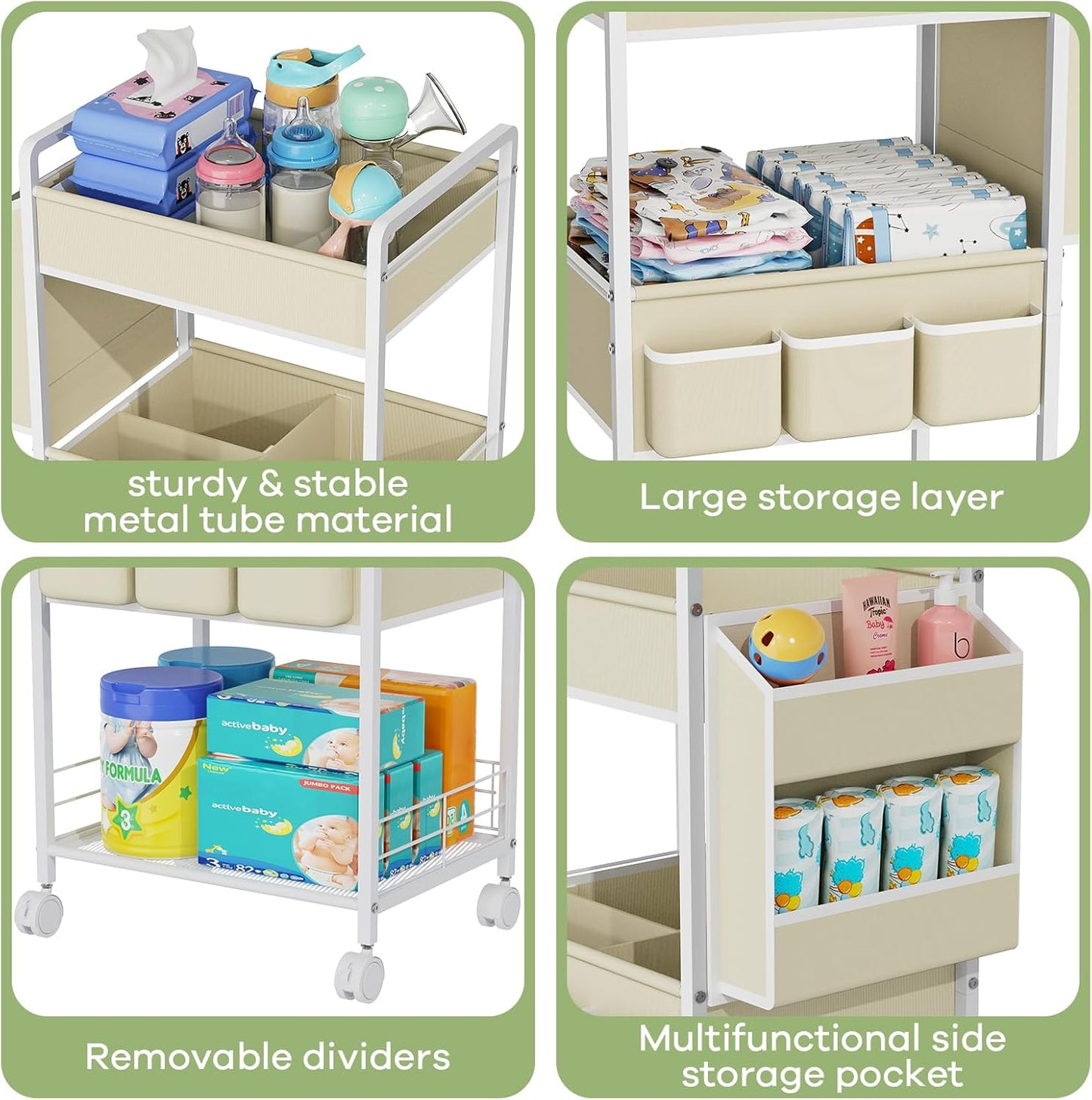 JBBTOOL 3-Tier Baby Diaper Caddy Cart with Wheels, Nursery Storage Organizer with Dividers & Pockets, Mobile Metal Utility Cart for Baby Essentials, Bedroom, Kitchen & Office