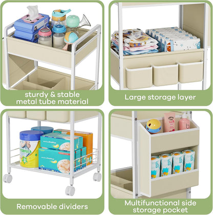 JBBTOOL 3-Tier Baby Diaper Caddy Cart with Wheels, Nursery Storage Organizer with Dividers & Pockets, Mobile Metal Utility Cart for Baby Essentials, Bedroom, Kitchen & Office