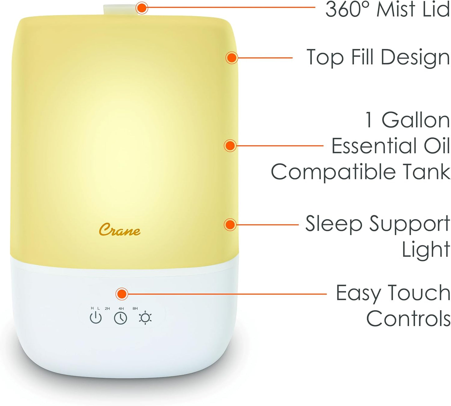 Crane Top Fill Mini Humidifier for Bedroom and Nursery 3-In-1 Essential Oil Diffuser Sleep Light 0.5 Gallon Baby Humidifier