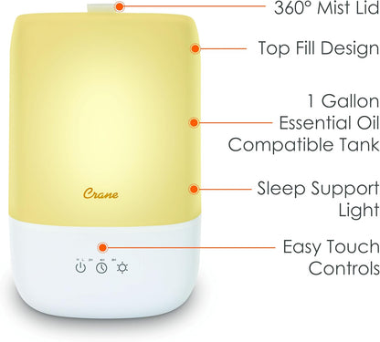 Crane Top Fill Mini Humidifier for Bedroom and Nursery 3-In-1 Essential Oil Diffuser Sleep Light 0.5 Gallon Baby Humidifier