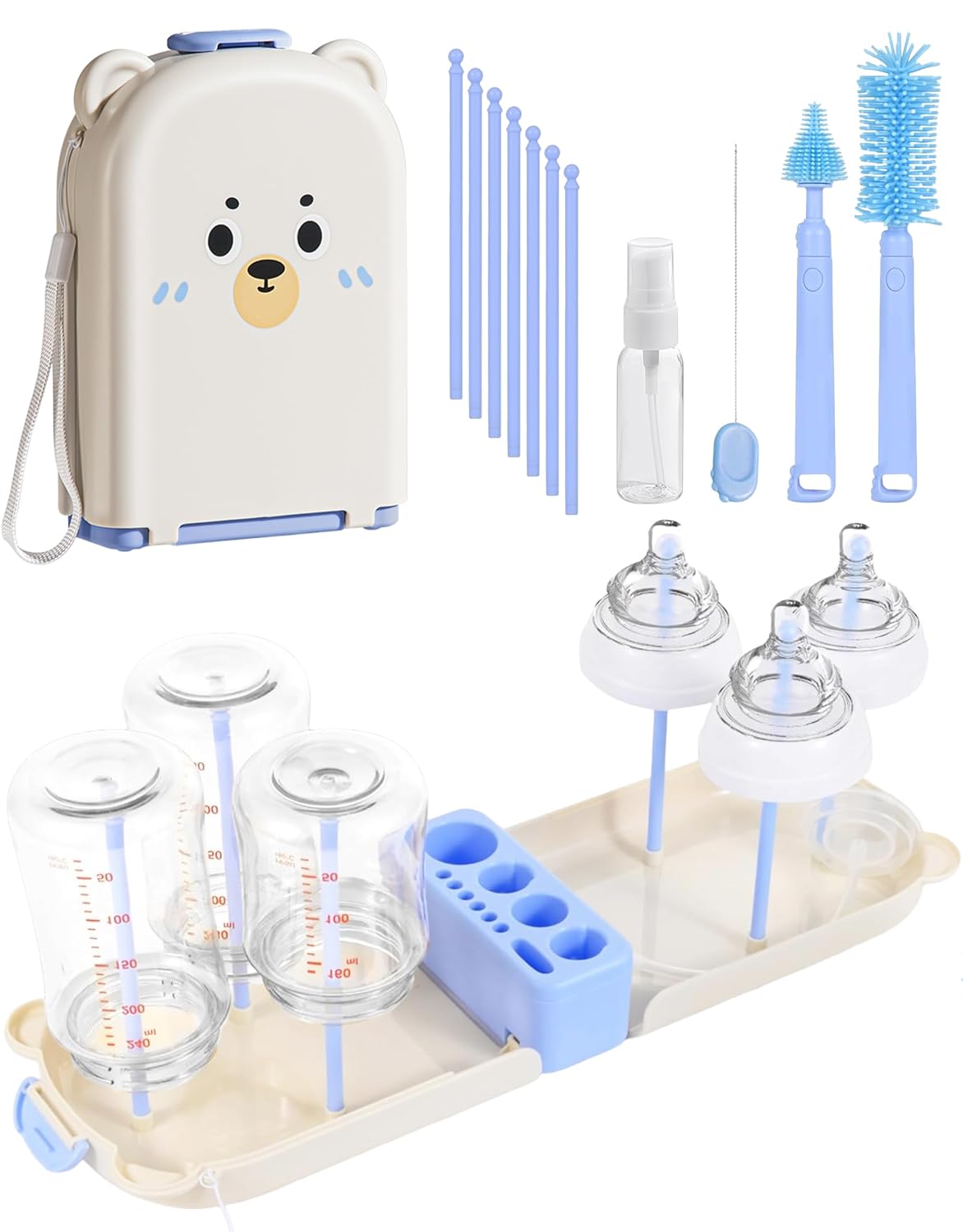 Travel Bottle Cleaner kit, 7in1 Baby Travel Gear Essential Silicone Travel Bottle Brush Set Nipple Drying Rack, Straw Breast Pump Cleaning Soap Dispenser Organizer Case Mon Gift (Pink)