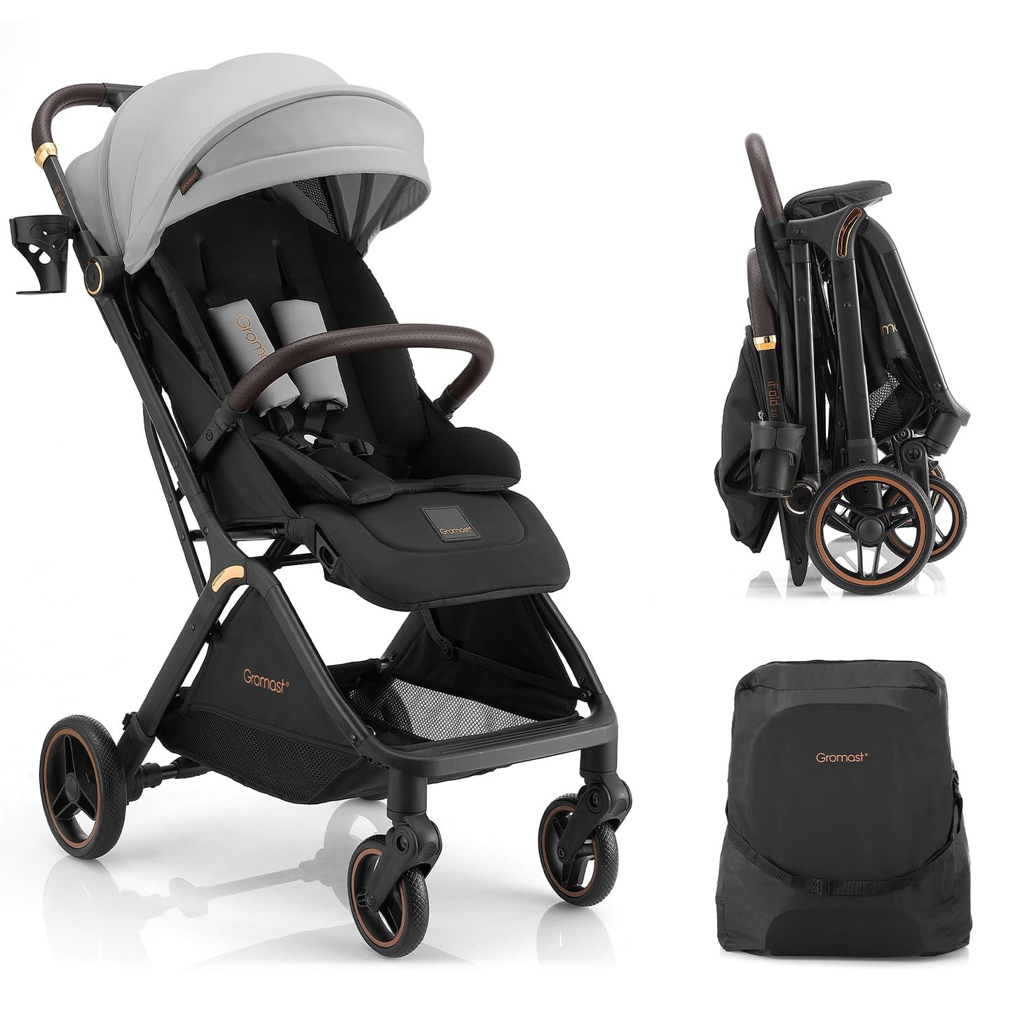 Gromast Gravity Folding Baby Stroller - Portable Travel Toddler Stroller w/Adjustable Backrest, Canopy & Cup Holder, Lightweight and UV Protected, One-Hand Automatic Folding - Green