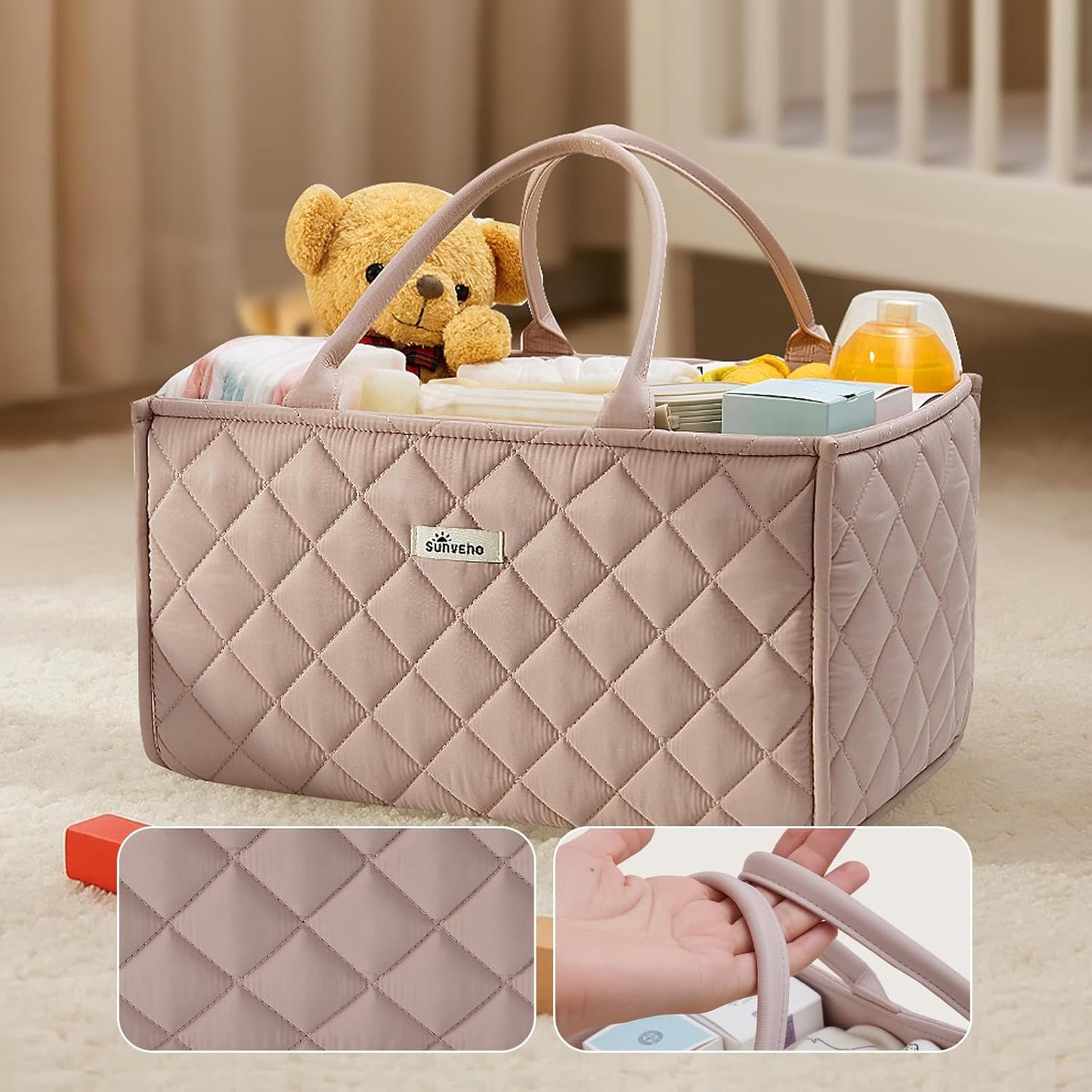 SUNVENO Quilted Diaper Caddy Organizer, Soft Padded Baby Diaper Caddy with Removable Dividers, Large Nursery Storage Basket for Diapers, Wipes and Baby Essentials, Portable Nursery Organizer, Brown