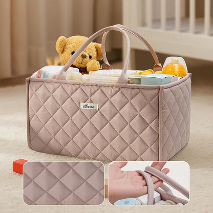 SUNVENO Quilted Diaper Caddy Organizer, Soft Padded Baby Diaper Caddy with Removable Dividers, Large Nursery Storage Basket for Diapers, Wipes and Baby Essentials, Portable Nursery Organizer, Brown