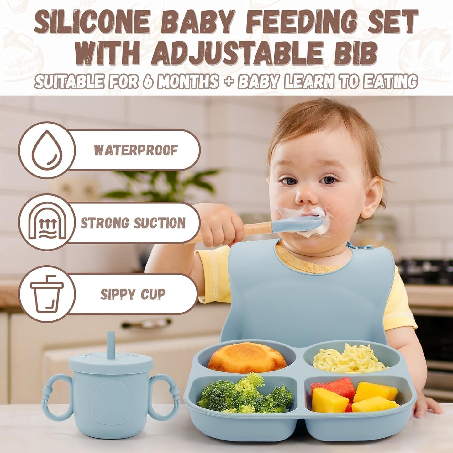 Silicone Baby Feeding Set, Baby Led Weaning Supplies, Baby Food Tableware Silicone Suction Plate, Bowl, Spoons, Fork, Waterproof Bib, Cup & Complementary Food Cake Mold, Baby Eating Utensils