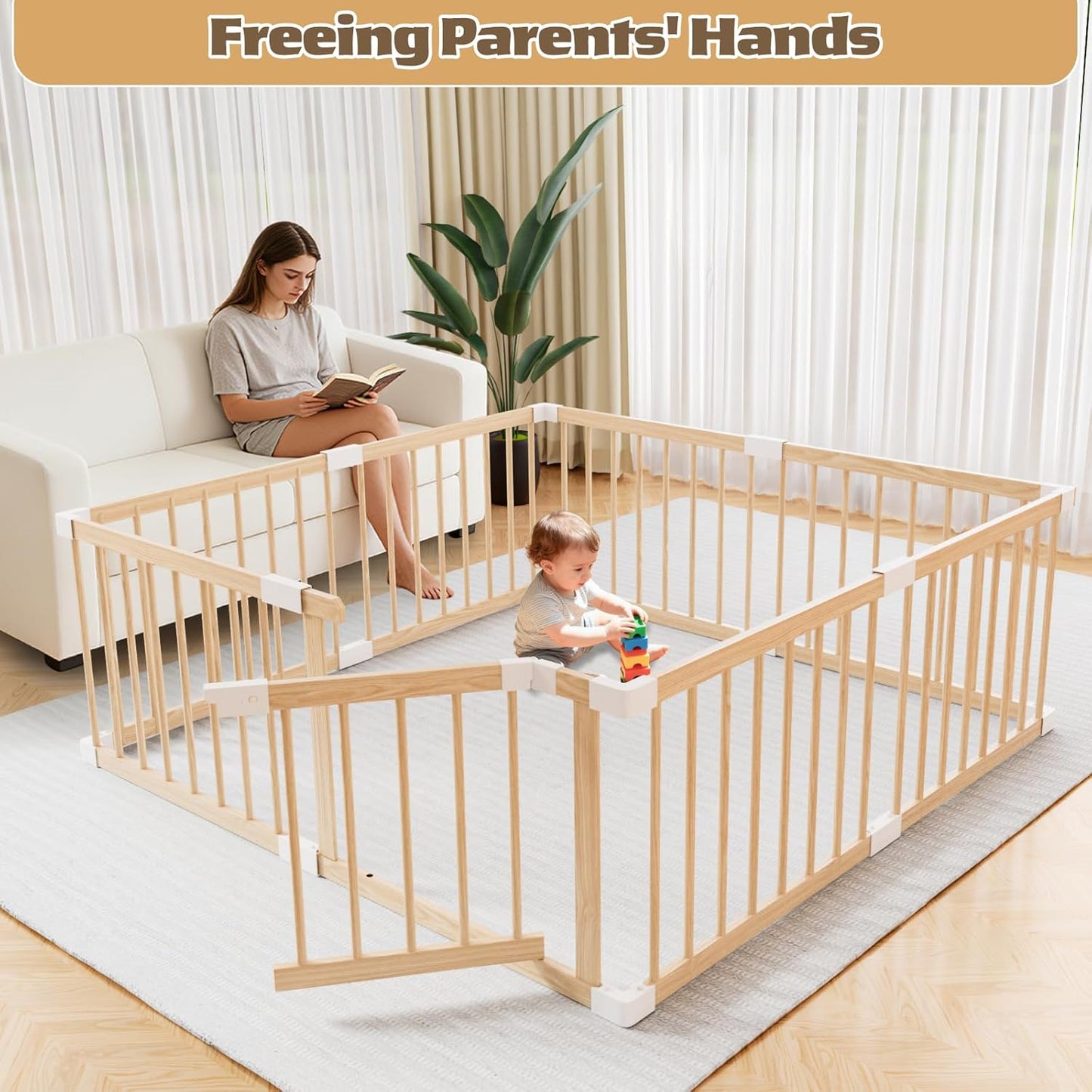 Extra Large Wooden Baby Playpen,Play Pen for Babies and Toddlers Kids Indoor,Security Playard Area Indoor,Easy to Assemble (73x73x24 Inch)
