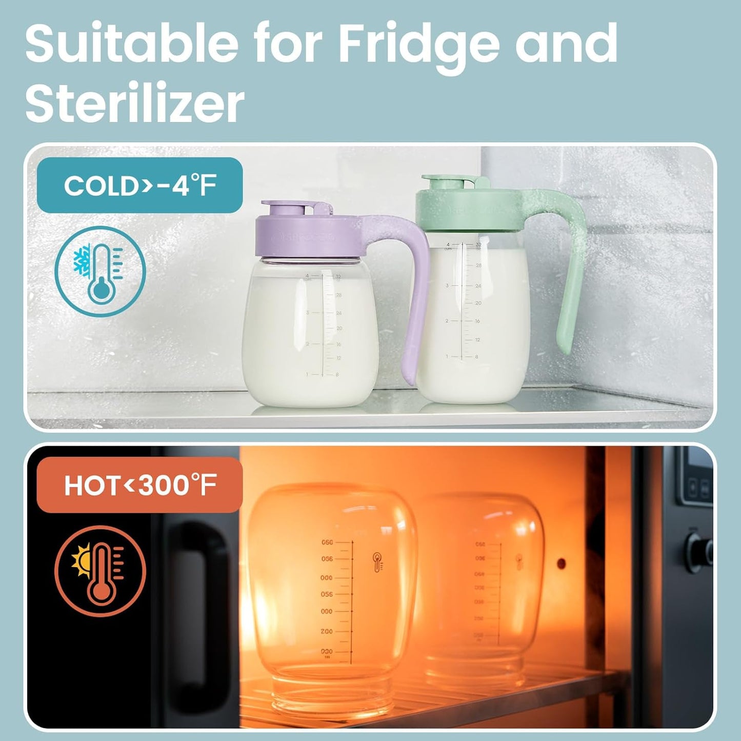 32oz Breast Milk Storage, Glass Formula Mixing Storage with Lid - Heat & Cold Resistant, Leak-Proof Container for Preparing Baby Bottles, Large Mouth for Easy Cleaning & Storage (199mm)