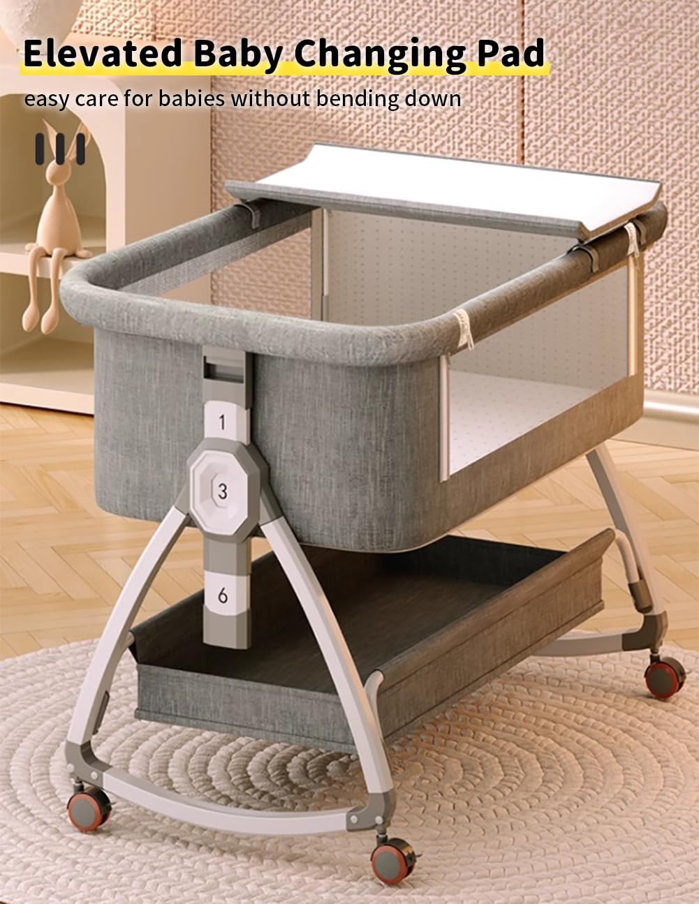 Baby Bassinet, Bedside Bassinet for Baby, 4 in 1 Portable Bassinet Bedside Sleeper with Wheels Mosquito Net & Storage Basket, 6 Height Adjustable Rocking Bassinet for Newborn Baby