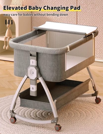 Baby Bassinet, Bedside Bassinet for Baby, 4 in 1 Portable Bassinet Bedside Sleeper with Wheels Mosquito Net & Storage Basket, 6 Height Adjustable Rocking Bassinet for Newborn Baby