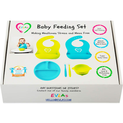EVLA'S Baby Feeding Set, Baby Led Weaning Supplies, Adjustable Silicone Bibs, Divided Plate, Suction Bowl with Lid, Soft Spoons for Babies or Toddlers, Baby Registry must have!(Pink and Purple)