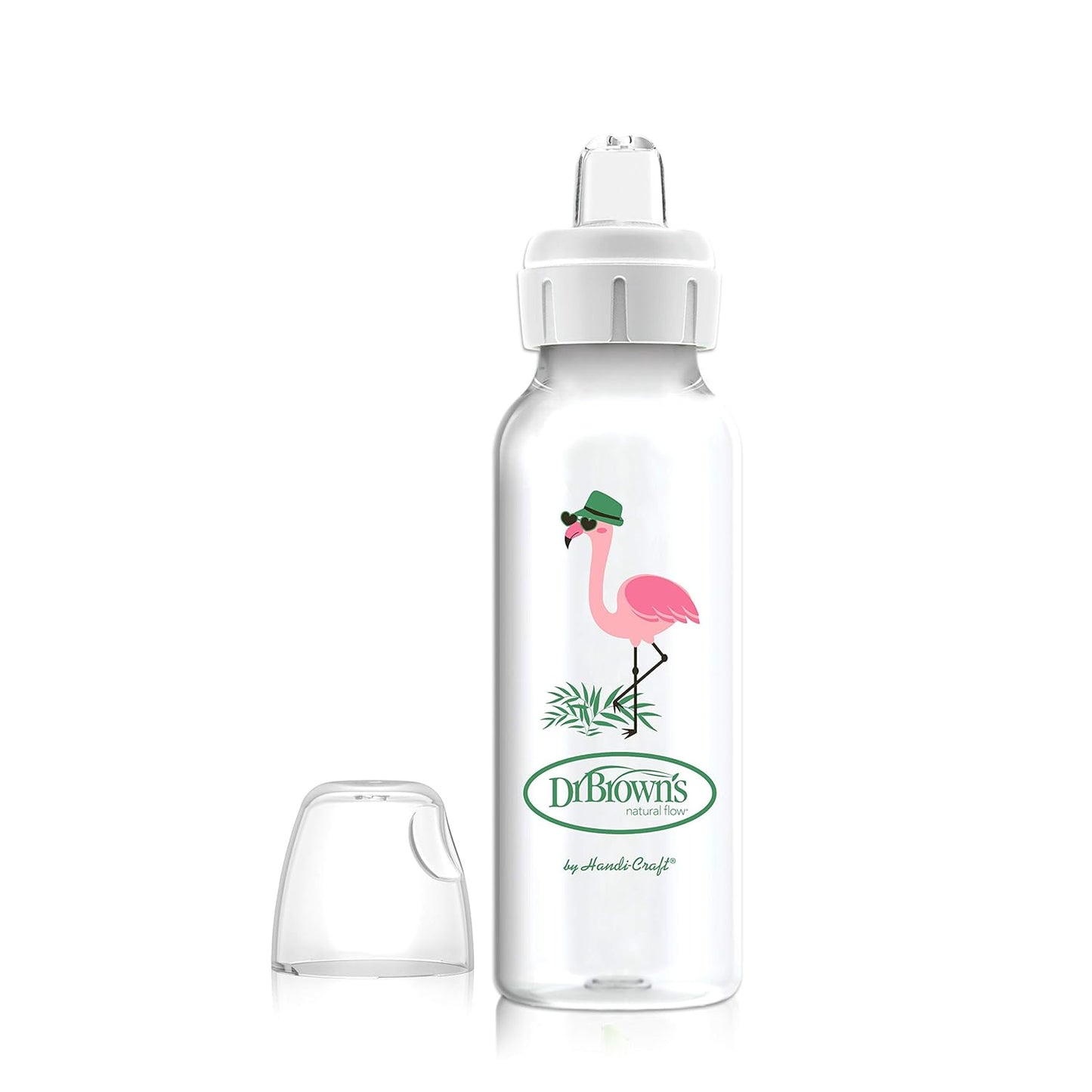 Dr. Brown's Milestones Narrow Sippy Bottle, 100% Silicone Soft Sippy Spout, 8oz/250mL, Flamingo & Bunny, 6m+