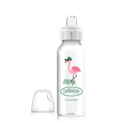 Dr. Brown's Milestones Narrow Sippy Bottle, 100% Silicone Soft Sippy Spout, 8oz/250mL, Flamingo & Bunny, 6m+