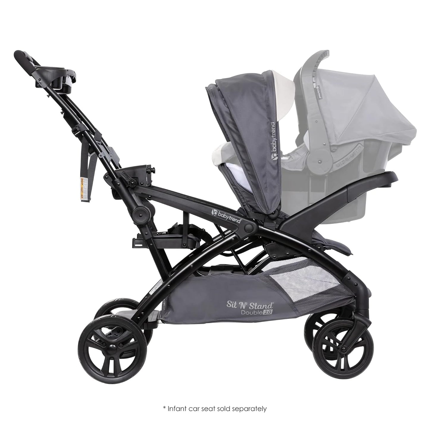 Baby Trend Double Stroller with Canopy Visors, Storage Basket and 2 Cup Holders, Sit N' Stand 2.0 DLX, Stormy – Foldable Infant and Toddler Tandem Stroller and Travel System
