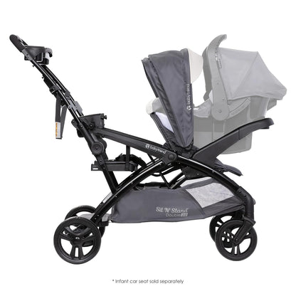 Baby Trend Double Stroller with Canopy Visors, Storage Basket and 2 Cup Holders, Sit N' Stand 2.0 DLX, Stormy – Foldable Infant and Toddler Tandem Stroller and Travel System