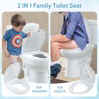 17" White Round Toilet Seat for Adult and Child, Built-In Potty Training Seat with Soft Quiet Close Non-Slip Design, Magnetic Kids Seat and Cover for Round/Oval Toilets, Easy to Install and Clean