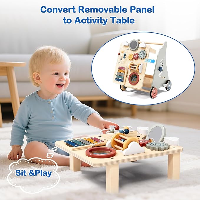 Detachable Baby Walker for Toddlers 1 Year Old Wooden Montessori Busy Board Adjustable Speed Push & Pull Walker Learning to Walk Activity Center Toy for Boys Girls 12 Months+ Baby Toys Birthday Gifts