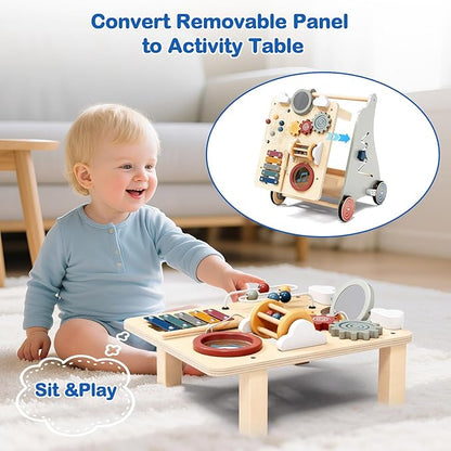 Detachable Baby Walker for Toddlers 1 Year Old Wooden Montessori Busy Board Adjustable Speed Push & Pull Walker Learning to Walk Activity Center Toy for Boys Girls 12 Months+ Baby Toys Birthday Gifts