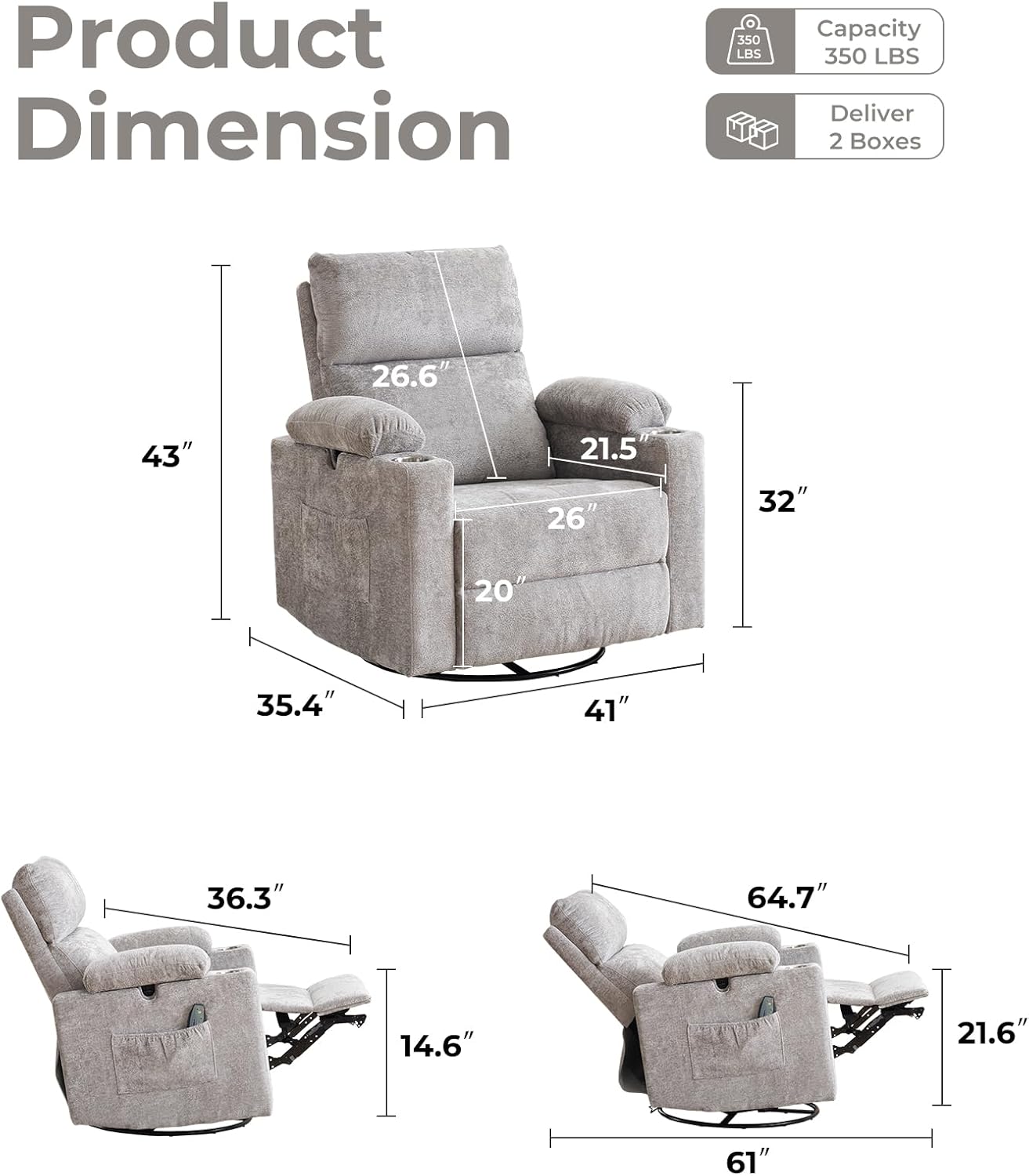 Rocking Chair Nursery with Adjustable Armrests, Electric Glider Recliner Nursing Chair for Breastfeeding, Power Swivel Recliner Chairs with Massage and Heat, Adjustable Headrest , FSC Certified, White