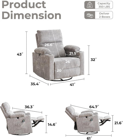 Rocking Chair Nursery with Adjustable Armrests, Electric Glider Recliner Nursing Chair for Breastfeeding, Power Swivel Recliner Chairs with Massage and Heat, Adjustable Headrest , FSC Certified, White