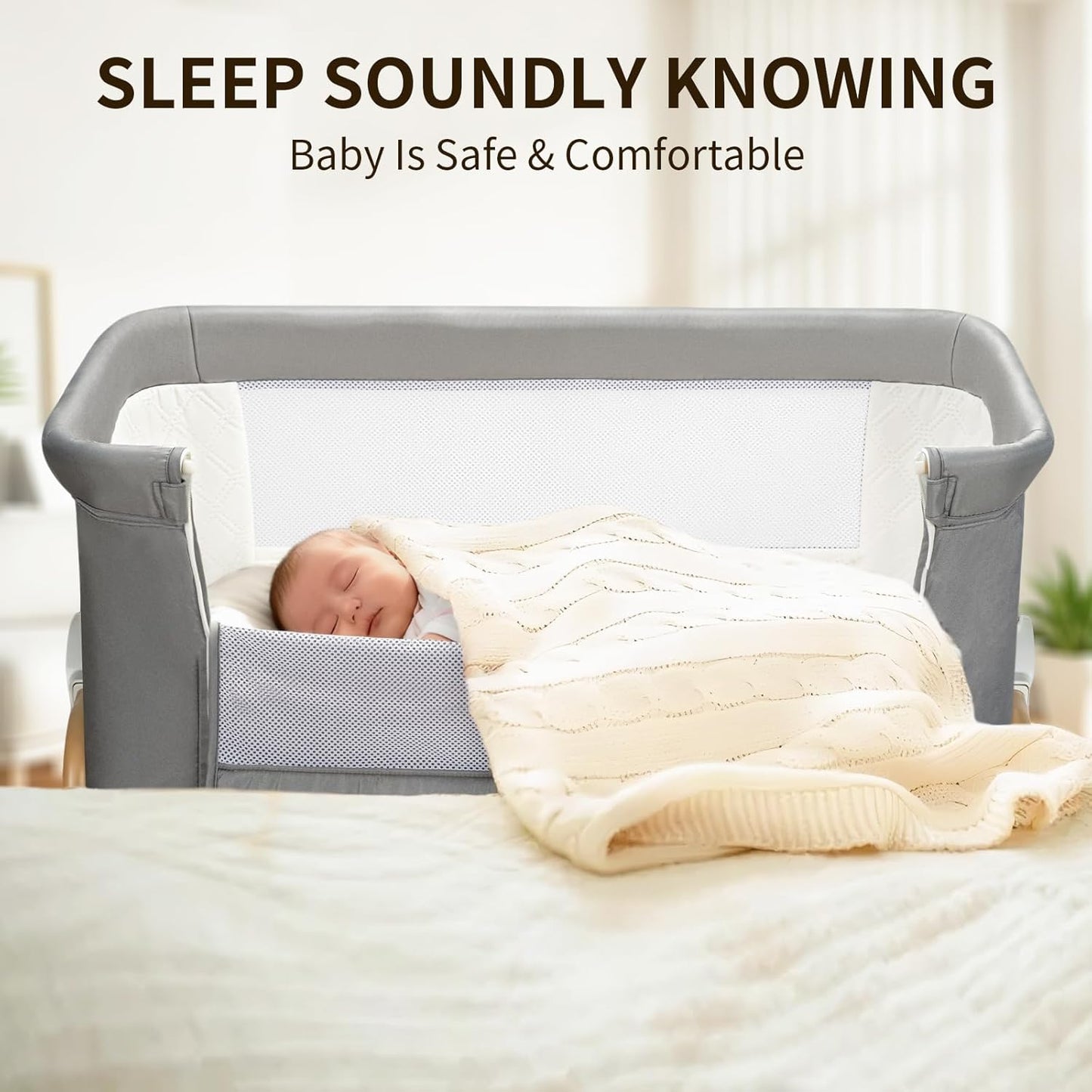 suihuooo 4-in-1 Baby Bassinet, Portable Bassinet Bedside Sleeper with Wheels and Storage Basket, 7 Height Adjustable Breathable Mesh Rocking Bassinet with Mosquito Net for Newborn-White