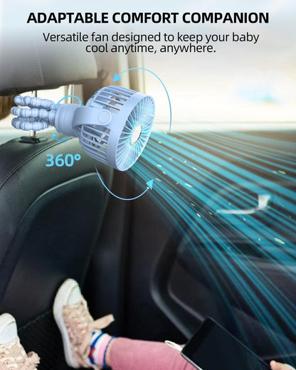 Portable Stroller Mini Fan, Small Rechargeable Personal Fan, Baby Travel Essentials for Wagon, Car Seat, Treadmill, Battery Powered Biking Gear Accessories, 360° Rotation, 3-Speed, Display, Black