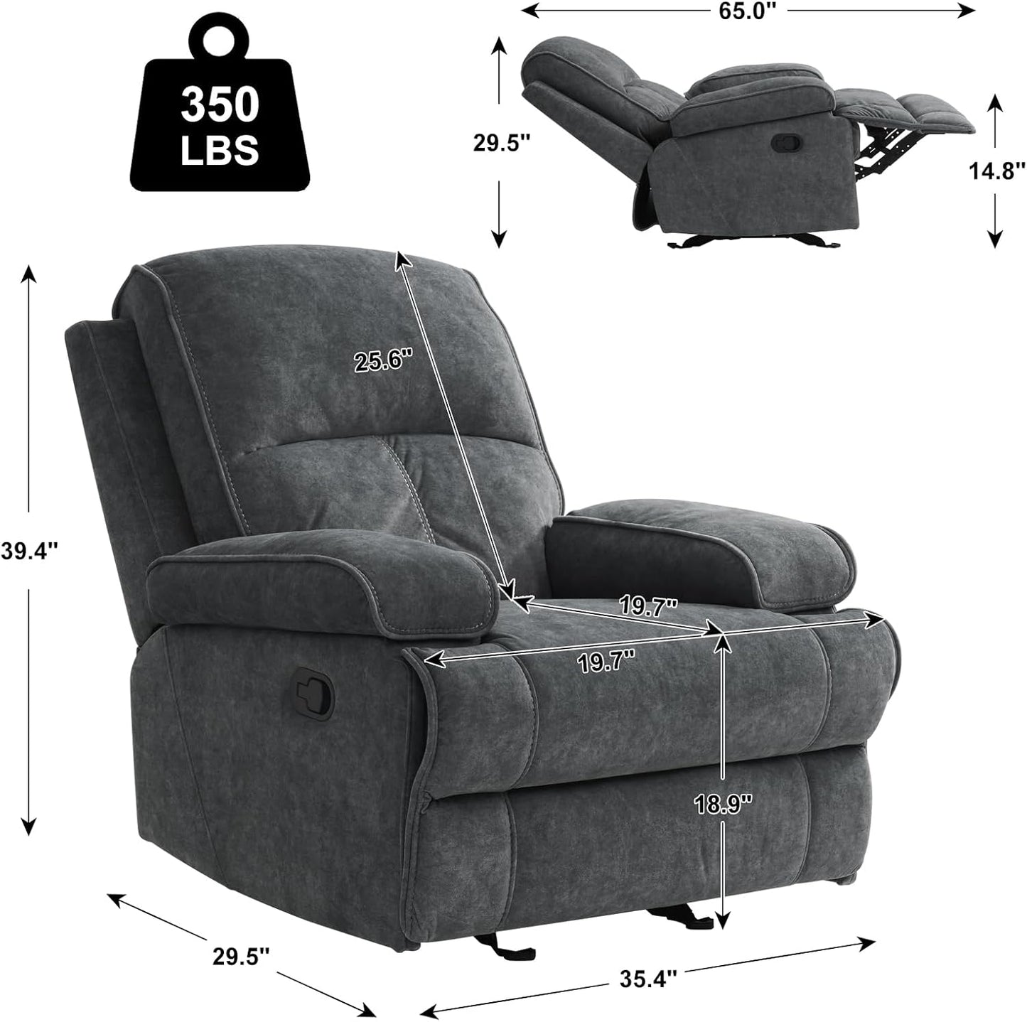 Swivel Rocker Recliner Chair for Adults, High Back Fabric Recliner with Deep Seat, Manual Glider for Living Room & Nursery, Grey