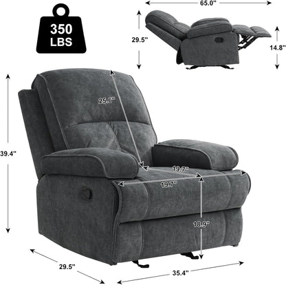 Swivel Rocker Recliner Chair for Adults, High Back Fabric Recliner with Deep Seat, Manual Glider for Living Room & Nursery, Grey