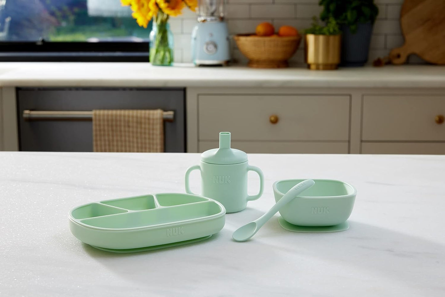 NUK Silicone Baby Tableware Bundle, Includes 1 Plate, 1 Bowl, 1 Cup, & 1 Spoon, Durable Suction Feature Helps Reduce Spills, Microwave-Safe, BPA-Free