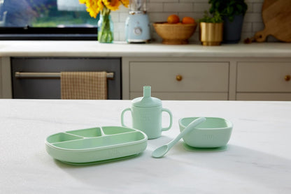 NUK Silicone Baby Tableware Bundle, Includes 1 Plate, 1 Bowl, 1 Cup, & 1 Spoon, Durable Suction Feature Helps Reduce Spills, Microwave-Safe, BPA-Free