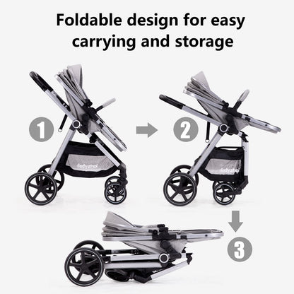Lortsybab 2-in-1 Baby Stroller - Folding Infant Newborn Pram Stroller with Reversible Seat - Toddler Strollers for 0-36 Months Old Babies (Pink)