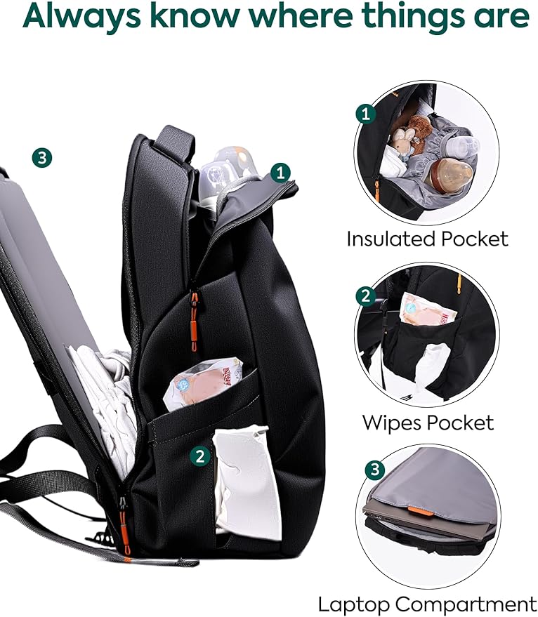 Babelio Grid Wizard Diaper Bag Backpack - Multi Function Waterproof Diaper Bag, Travel Essentials Baby Bag with 4 Individual Organizers, Insulated Bottle Holders, Baby Shower Gifts, Black