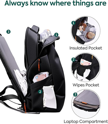 Babelio Grid Wizard Diaper Bag Backpack - Multi Function Waterproof Diaper Bag, Travel Essentials Baby Bag with Insulated Bottle Holders, Baby Shower Gifts, Black