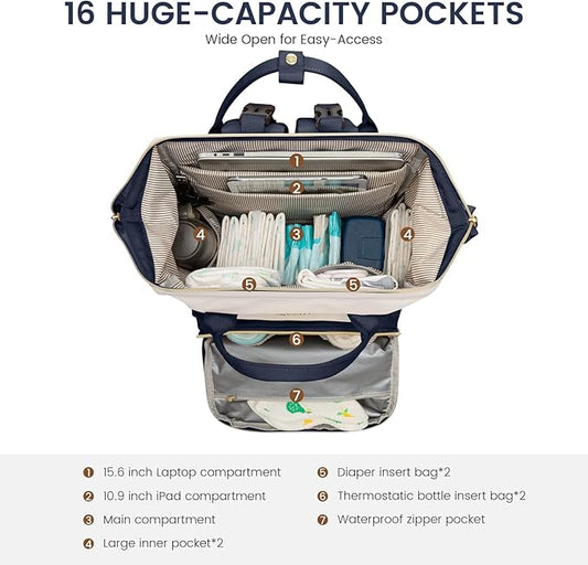 LOVEVOOK Diaper Bag Backpack, Baby Bag with Changing Station, Large Diaper Backpack for Mom Dads, Waterproof Leather Mommy Bag for Boy and Girl, Travel Essential Baby Shower, Navy Blue-Beige