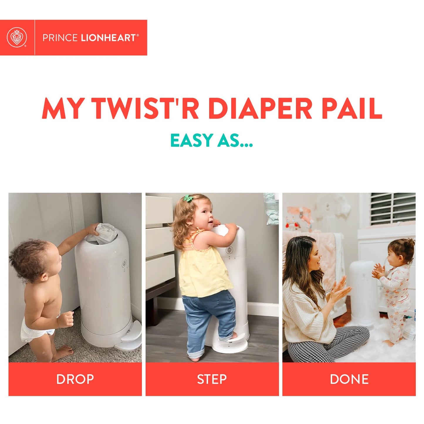 Prince Lionheart My Twist’R Diaper Pail Made in USA - Hands Free Patented Design Completely Eliminates Odors - Easy to Use, Customize to Match Nursery