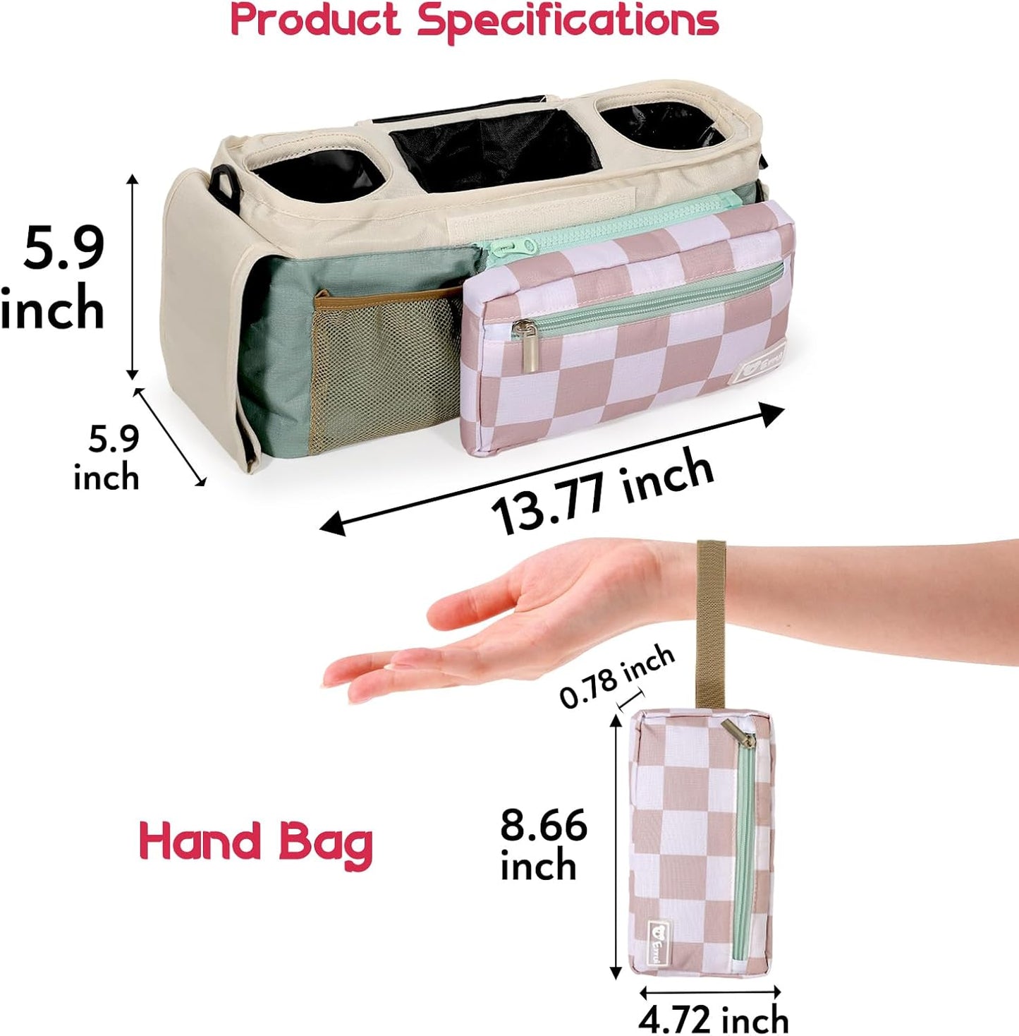 Universal Stroller Organizer with Insulated Cup Holders and Detachable Phone Bag,Stroller Caddy Fits for Stroller Accessories like Uppababy, Baby Jogger, Doona, Nuna Stroller (Green Square grid)