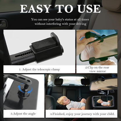 Updated Baby Rear View Mirror for Car,360°Adjustable Wide Angle Car Mirror for Baby with Telescopic Clamping Arm,Essential & Universal Backseat Mirrors for Observing Kids