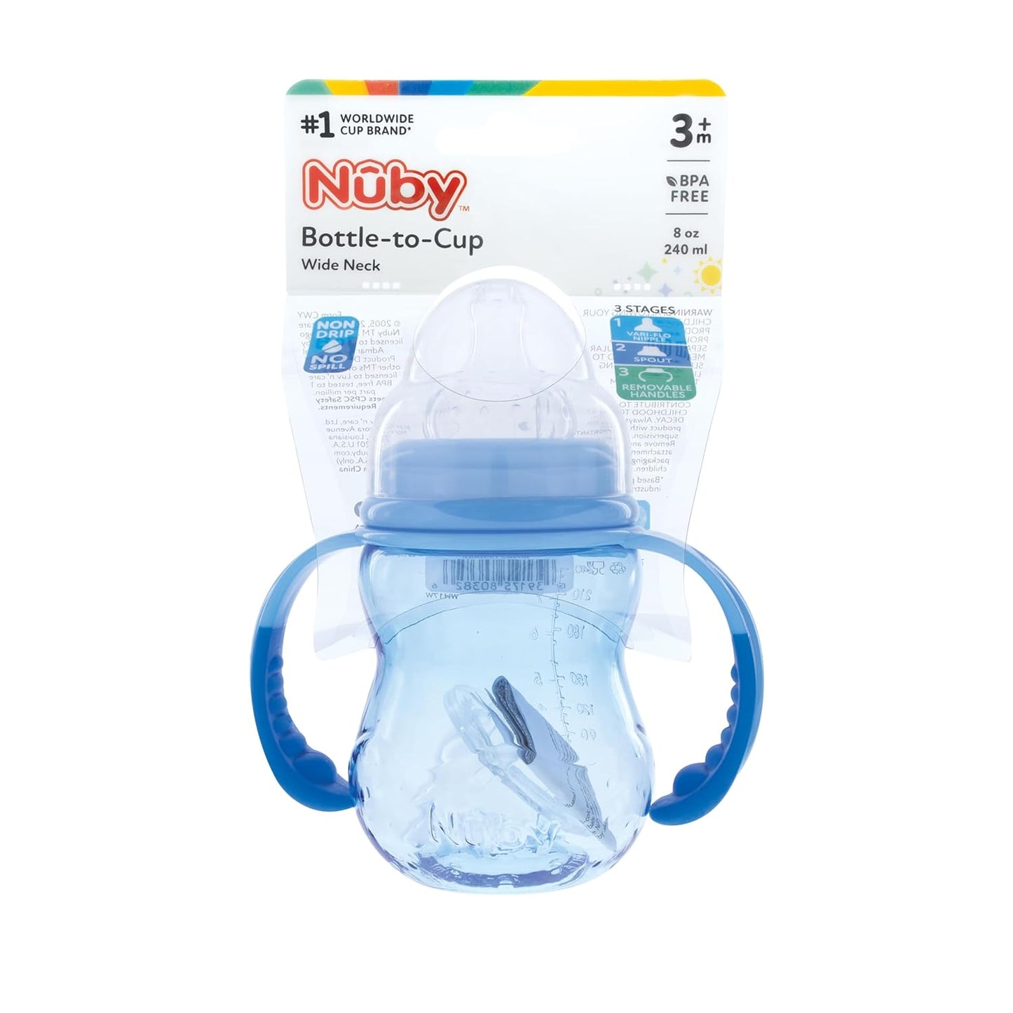 Nuby 3 in 1 Baby Bottle to Training Sippy Cup - 8 Oz Toddler Cups Spill Proof with Soft Spout, Nipple & Removable Grip Handles - Dishwasher Safe - Blue