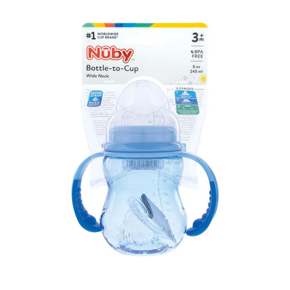Nuby 3 in 1 Baby Bottle to Training Sippy Cup - 8 Oz Toddler Cups Spill Proof with Soft Spout, Nipple & Removable Grip Handles - Dishwasher Safe - Blue