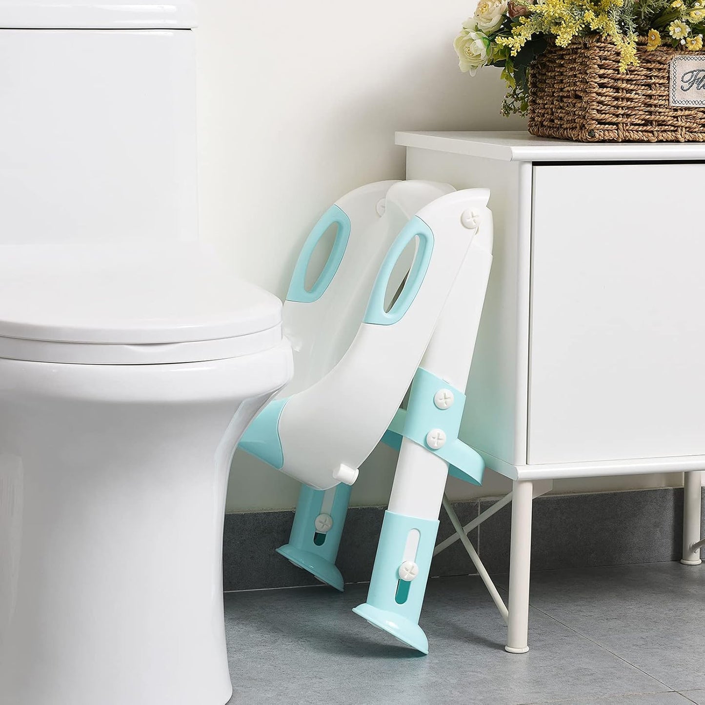 Potty Training Seat, SKYROKU Upgrade Toddler Toilet Seat for Kids Boys Girls, 2 in 1 Potty Training Toilet, Splash Guard Anti-Slip Pad Step Stool,New Sector-Shape Stabilized Base (8899+Grey)