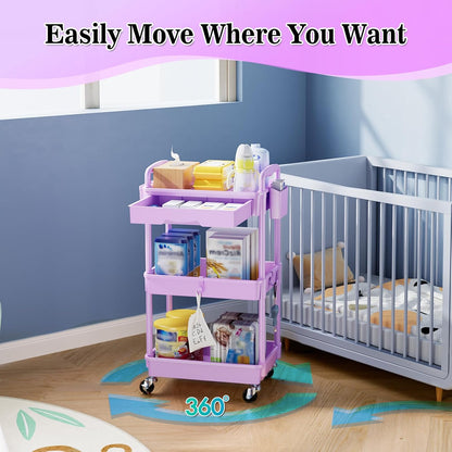 SUNALLY 3 Tier Rolling Cart with Drawer, Bathroom Storage Organizer with 2 Lockable Wheels, Multifunctional Rolling Storage Cart for Bathroom, Kitchen, Office, Craft, Makeup, Baby Essentials, White