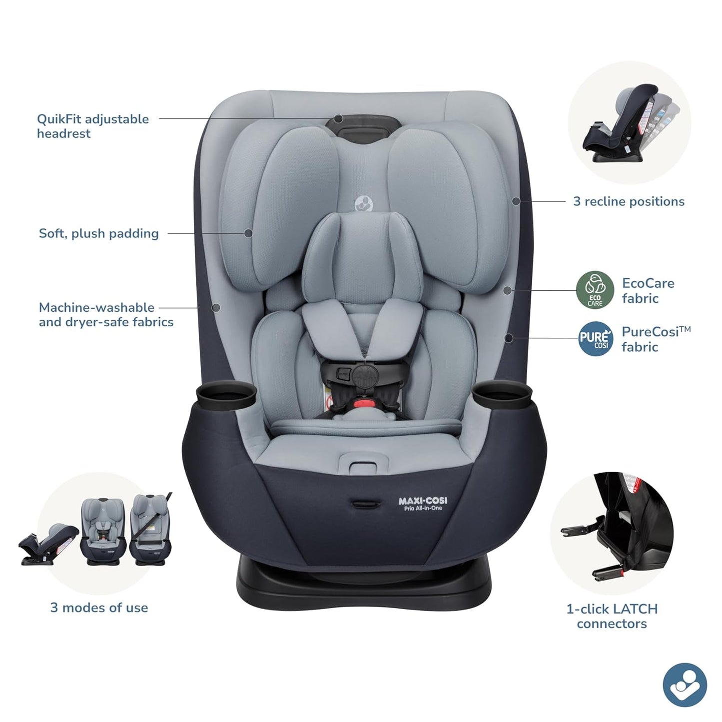 Maxi-Cosi Pria All-in-One Convertible Car Seat, Infant to Toddler Car Seat, Easy-Install Harness, Machine-Washable Cover, 5-100 lbs, Sea Shadow