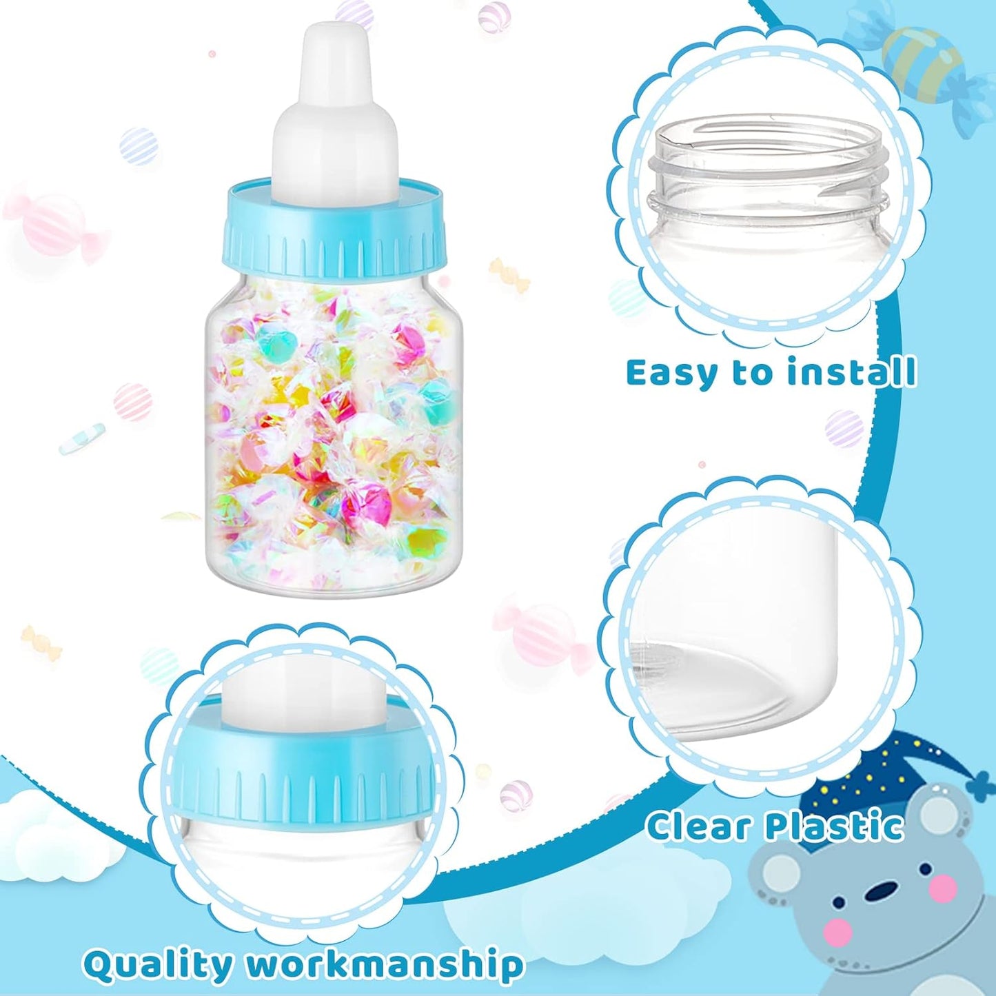 36 Pcs 3.5 Inch Baby Bottle Shower Favor Mini Plastic Candy Bottle Clear Bottles for Baby Shower Mini Feeding Candy Box for Party Favor Gift Decor(Blue)