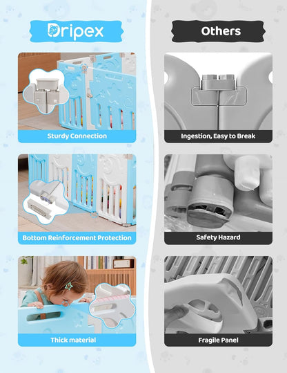 Baby Playpen, Dripex Baby Playard for Babies and Toddlers, 14-Panel Foldable Playpen Adjustable Portable Play Area, Indoor/Outdoor Kids Active Center with Game Panel & Safety Gate, Grey White