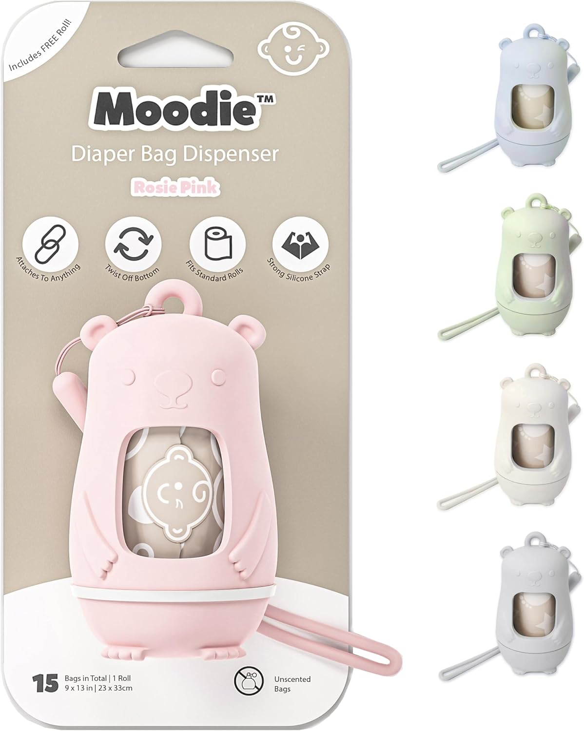 Moodie Teddy Bear Dispenser | Diaper Trash Bags on the Go Dispenser w/Silicon Strap | 15 UNSCENTED Baby Poop Bags per Roll | Dirty Diaper Bag Dispenser Disposable | Diaper Waste Bags (PINK)