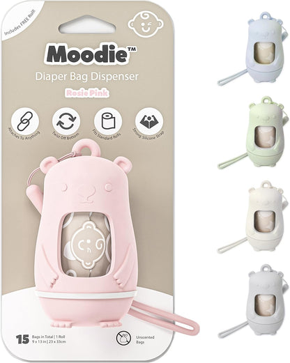 Moodie Teddy Bear Dispenser | Diaper Trash Bags on the Go Dispenser w/Silicon Strap | 15 UNSCENTED Baby Poop Bags per Roll | Dirty Diaper Bag Dispenser Disposable | Diaper Waste Bags (PINK)