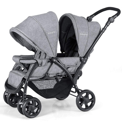 BABY JOY Double Stroller, Foldable Lightweight Twin Stroller with Tandem Seating, Adjustable Backrest/Canopy/Footrest, 5-Point Harness, Storage Basket, Newborn and Toddler (Black)