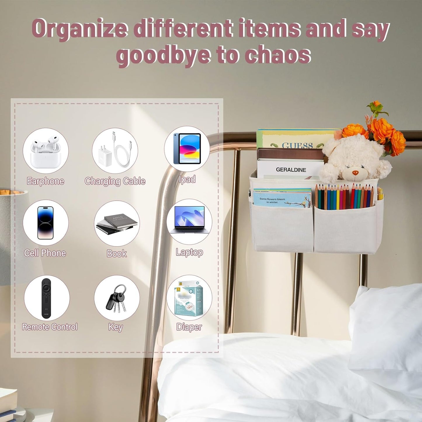 Bedside Storage Organizer 5 Pockets with 4 Hooks Hanging Storage Bag for Headboards/Bunk Bed (Pink)