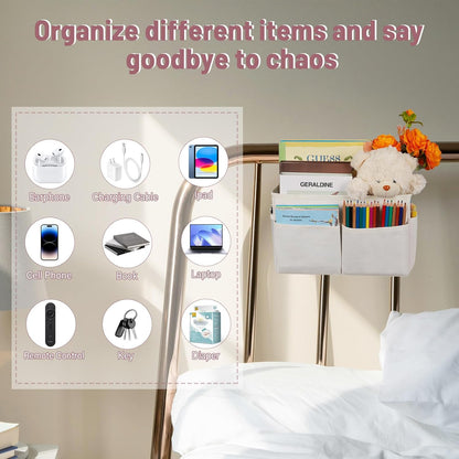 Bedside Storage Organizer 5 Pockets with 4 Hooks Hanging Storage Bag for Headboards/Bunk Bed (Pink)
