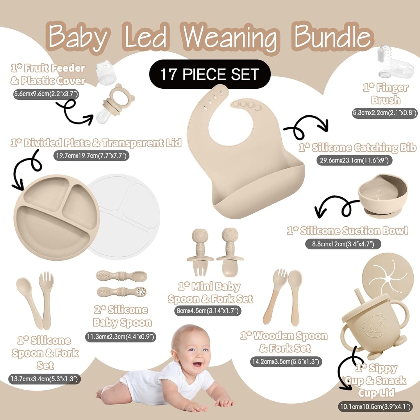 Baby Led Weaning Supplies, 17 Piece BPA-Free Silicone Feeding Set, Eating Essentials Baby Utensils with Suction Plate and Bowl, Pocket Bib, Sippy Cup with Lid, for 6+ Months, Blue
