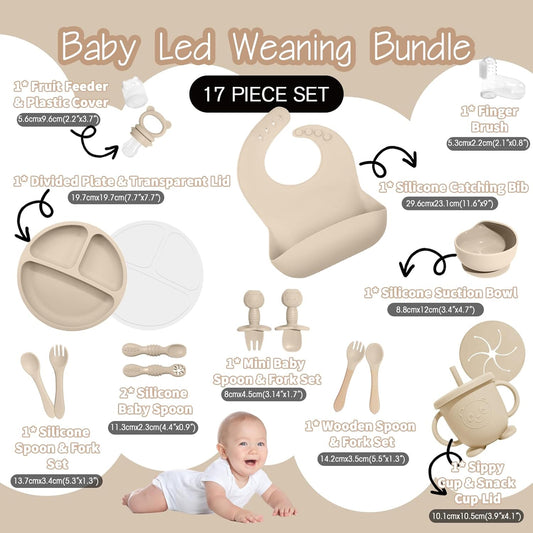 Baby Led Weaning Supplies, 17 Piece BPA-Free Silicone Feeding Set, Eating Essentials Baby Utensils with Suction Plate and Bowl, Pocket Bib, Sippy Cup with Lid, for 6+ Months, Blue